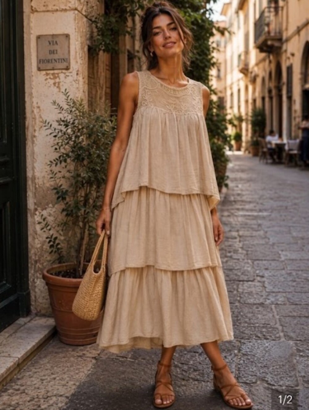Made In Italy 100% Cotton Crocjets Sequins Boho Tiered Maxi Dress